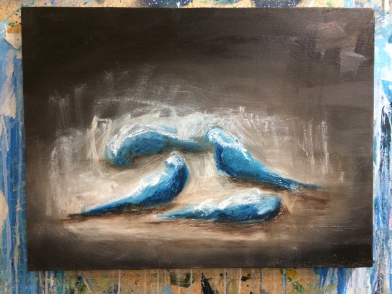Sara Richardson small bird oil painting in progress
