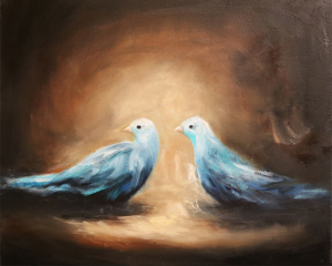 Little birds un petit secret oil painting by artist Sara Richardson