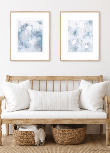 Drawings Float No.1 and Float No.3 Paired Contemporary abstract fine art by professional artist Sara Richardson in soft blue and white