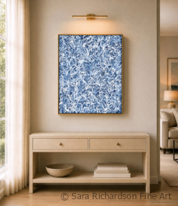 Blue and white contemporary abstract fine art painting by artist Sara Richardson for art advisory, hospitality, home collectors and designers