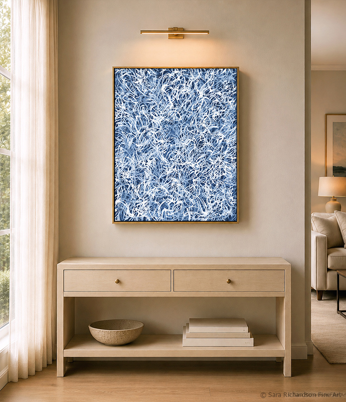 Blue and white contemporary abstract fine art painting by artist Sara Richardson for art advisory, hospitality, home collectors and designers