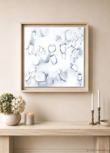 Black and white painting "Float No.26 - Quiet Interval" explores light and texture