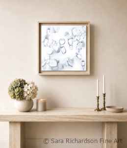 Contemporary abstract fine art by professional artist Sara Richardson in soft blue and white