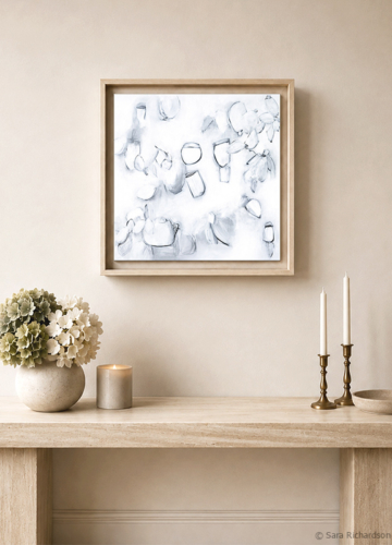 Black and white painting "Float No.26 - Quiet Interval" explores light and texture