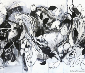 Melodic Minor No.4<br/>
Mixed media on 250gsm paper 44w x 30h in.<br/><u><a href="https://www.shockandslaw.com/contact-richardson-fine-art" target="_blank" rel="noopener">original & licensing available</a></u> Contemporary abstract large nature drawing by fine artist Sara Richardson