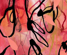 Raspberry Sorbet<br/>
Mixed media painting on paper Contemporary abstract nature inspired watercolor paintings by fine artist Sara Richardson