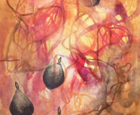 Confection Three<br/>
Mixed media painting on paper Abstract watercolor painting by fine artist Sara Richardson